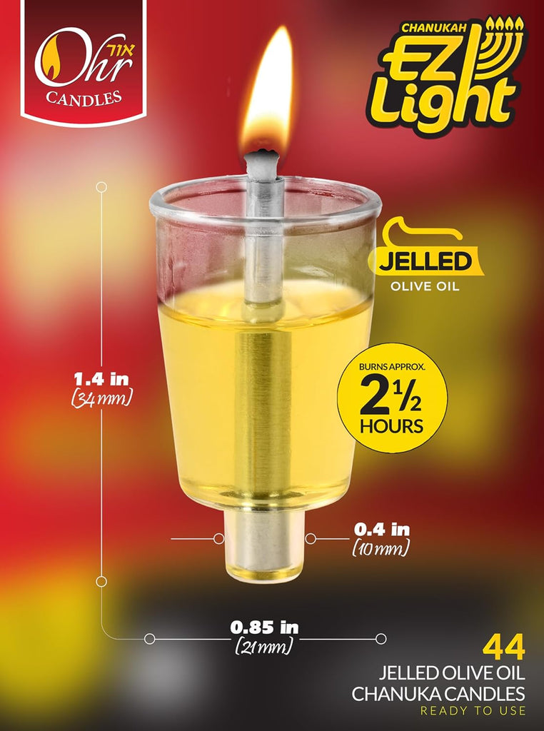 Pre-Filled Oil Cup Candles - Hanukkah Candles EZ Lights - Jelled 100% Olive Oil with Cotton Wick in Plastic Cup - Set of 44