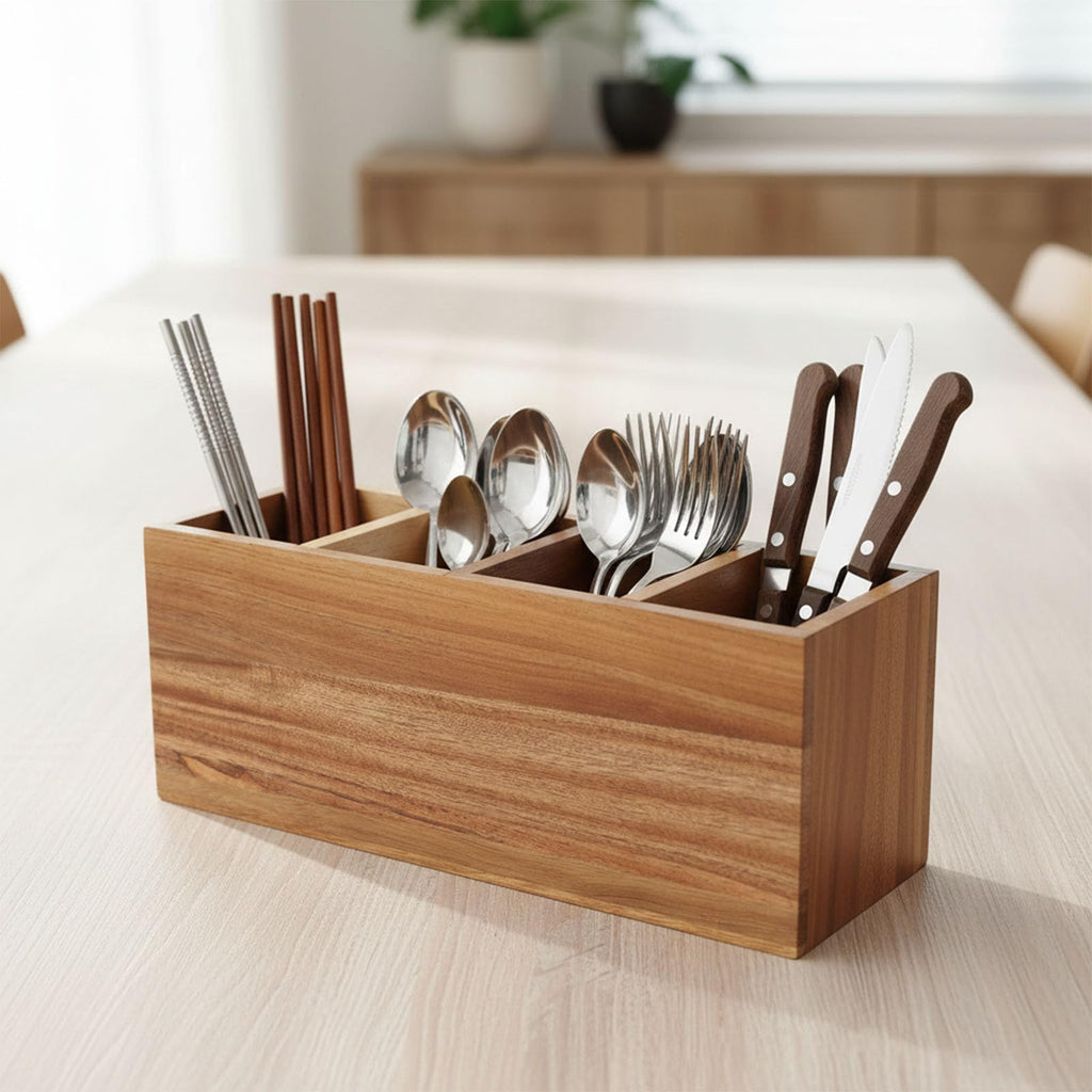 Silverware Holder,Acacia Wood Utensil Holder for Countertop,4 Compartment Silverware Caddy Organizer,Large Silverware