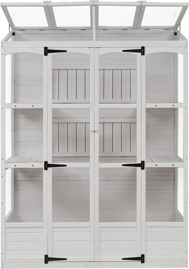 78-inch Wooden Greenhouse Cold Frame with 4 Independent Skylights and 2 Folding Middle Shelves, Walk-in Outdoor