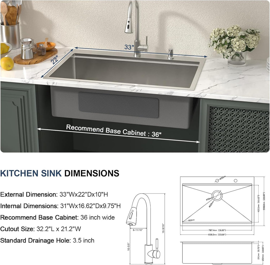 33x22 Inch Drop Sink With Faucet - 33 Kitchen Sink With Faucet Combo Workstation 16 Gauge Stainless Steel Single Bowl