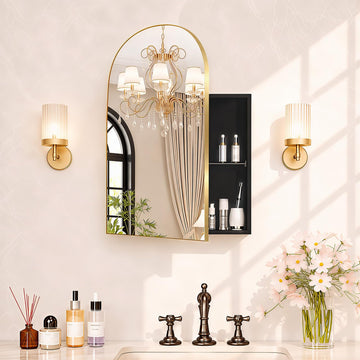 Arched Recessed Medicine Cabinet with Mirror, 16 x 30 Inch, Brass Frame