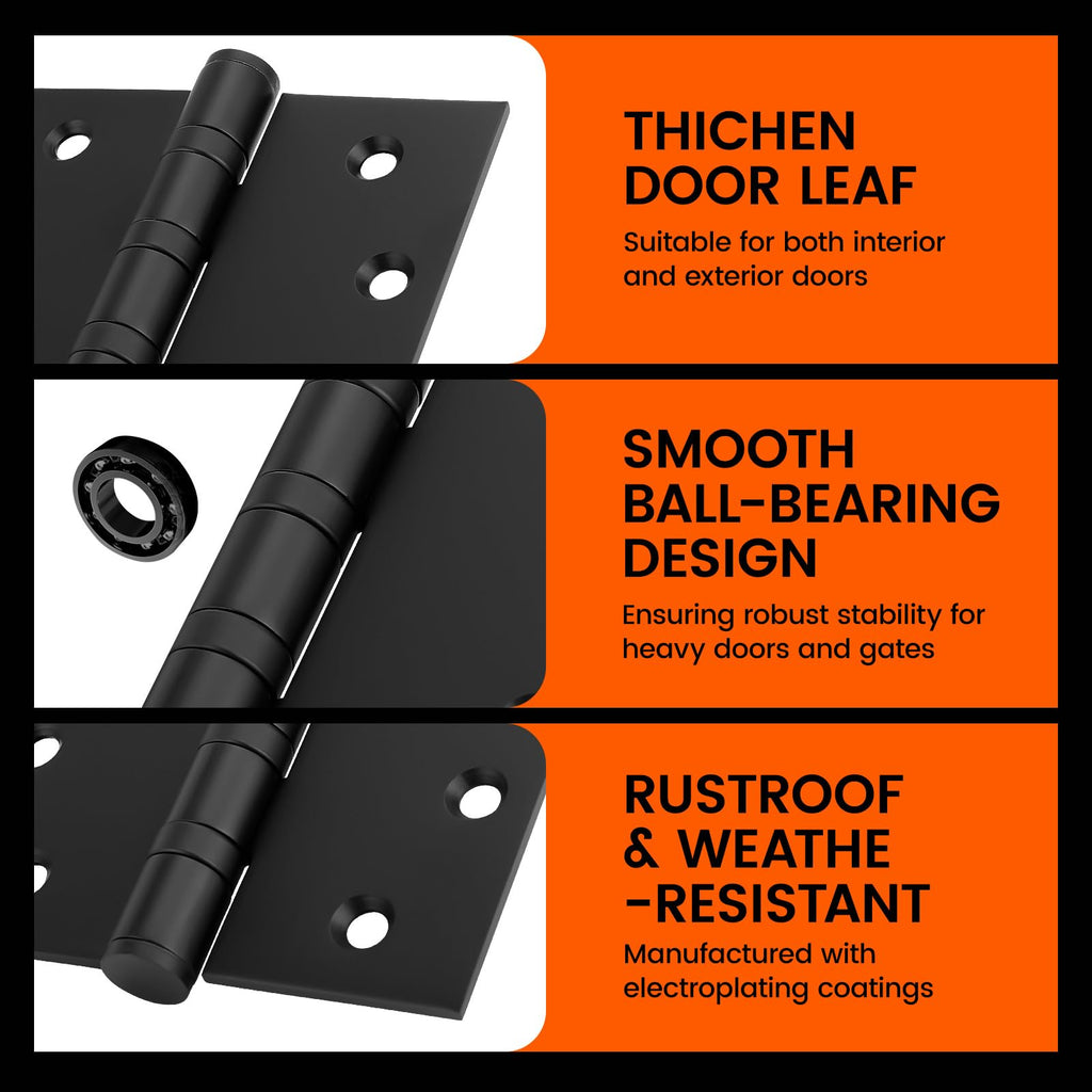 Matte Black 3 Pack 4 inch Door Hinges with 5/8" Radius Corners