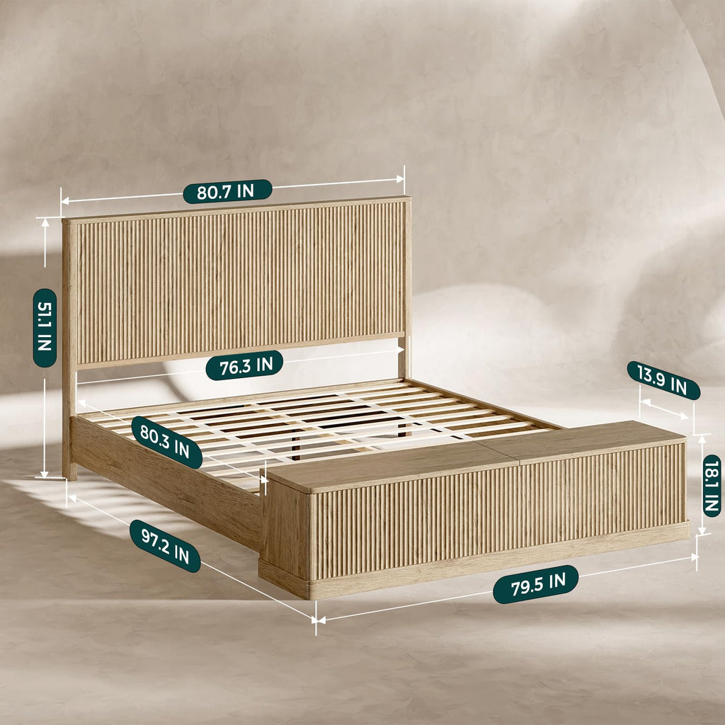 Fluted Oak King Bed Frame with 51'' Headboard & Storage Bench
