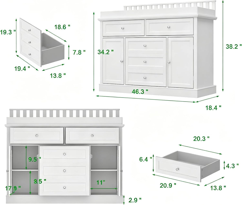 46" Large White Baby Kids Dresser with a Removable Changing Top | Large Chest of Drawers Dresser , 5 Storage Drawers