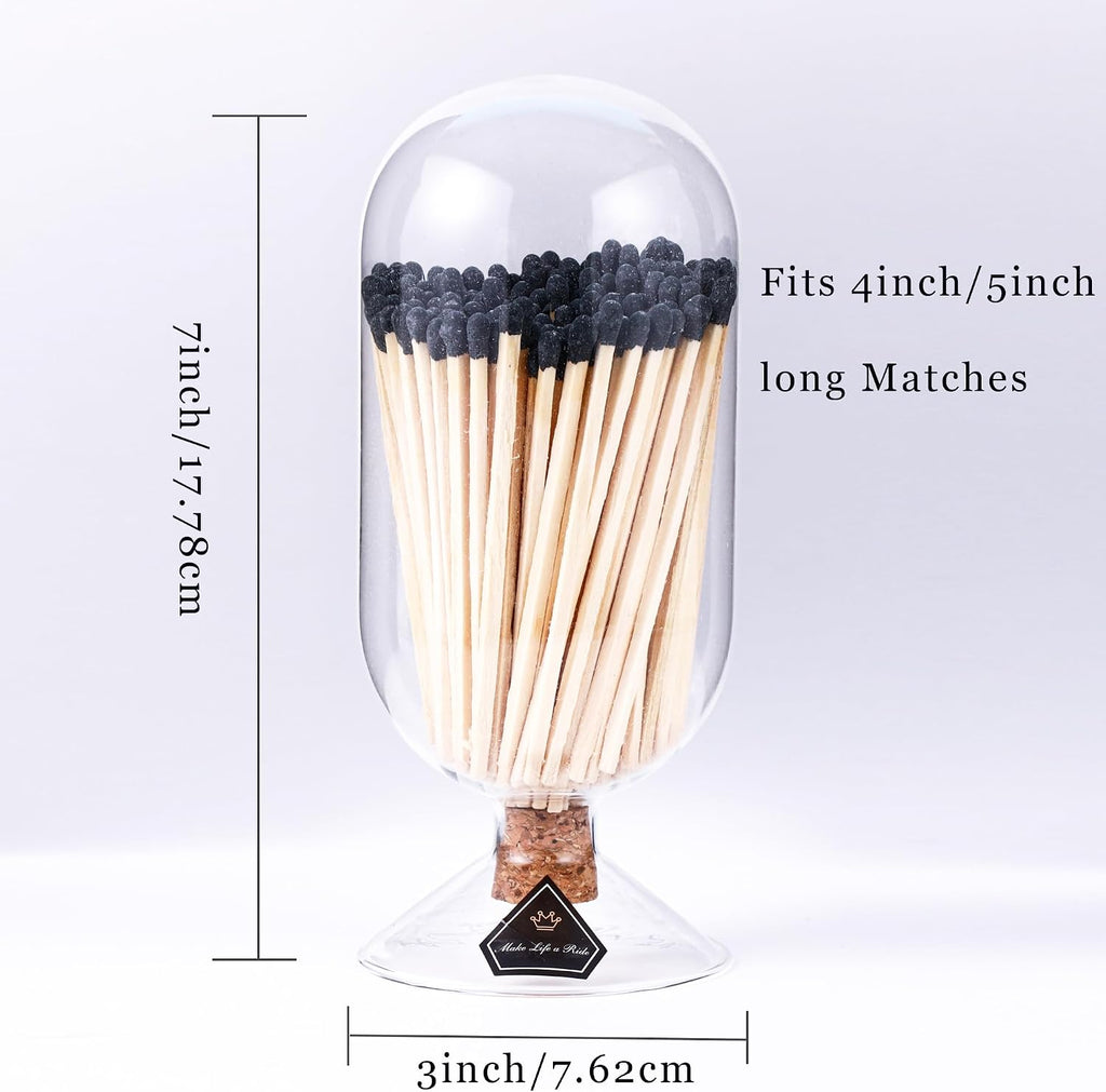 4'' Decorative Black Matches Cloche with Striker, Matches in a Jar with Striker, Safety Matches for Candles - Set of 100