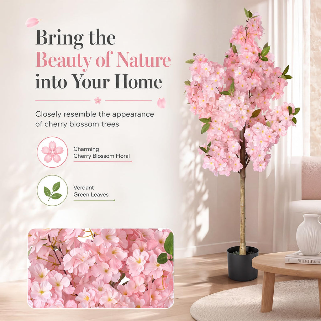 Cherry Blossom Tree 4FT Artificial Plants Indoor - Reinforced Spiral Connection Base & Anti-Shedding Silk Sakura