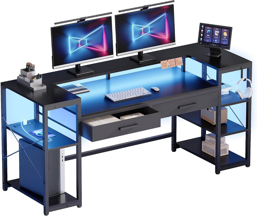 58 Inch Gaming Computer Desk with Monitor Stand Drawers and Shelves | Ample Storage, Large Table with LED Lights &