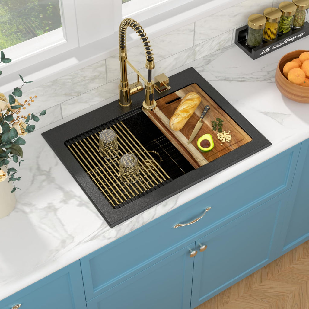30 Granite Composite Black - 30"x22" Drop In Ledge Workstation Black Granite Quartz Composite Top-Mount Single Bowl