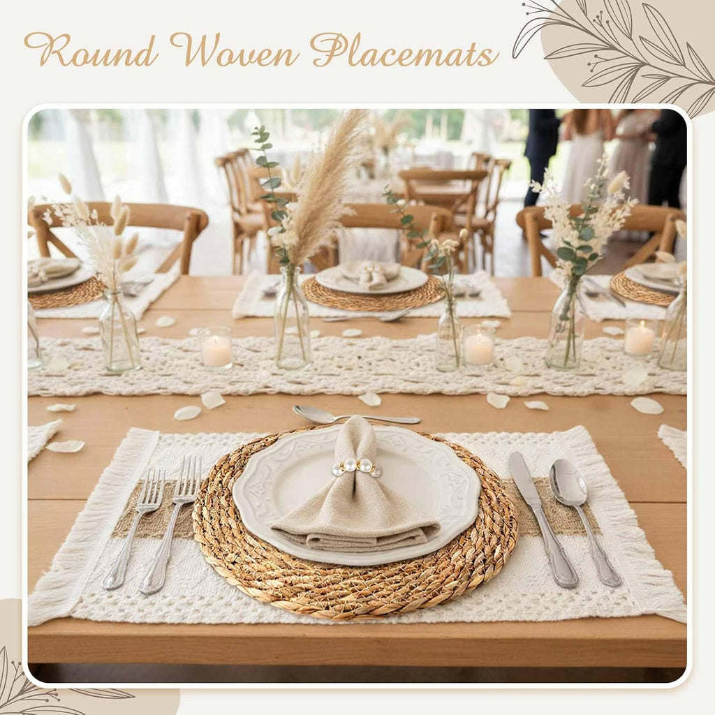 Sets Boho Placemats, Rattan Burlap Mats, Pearl Napkin Rings - Set of 6