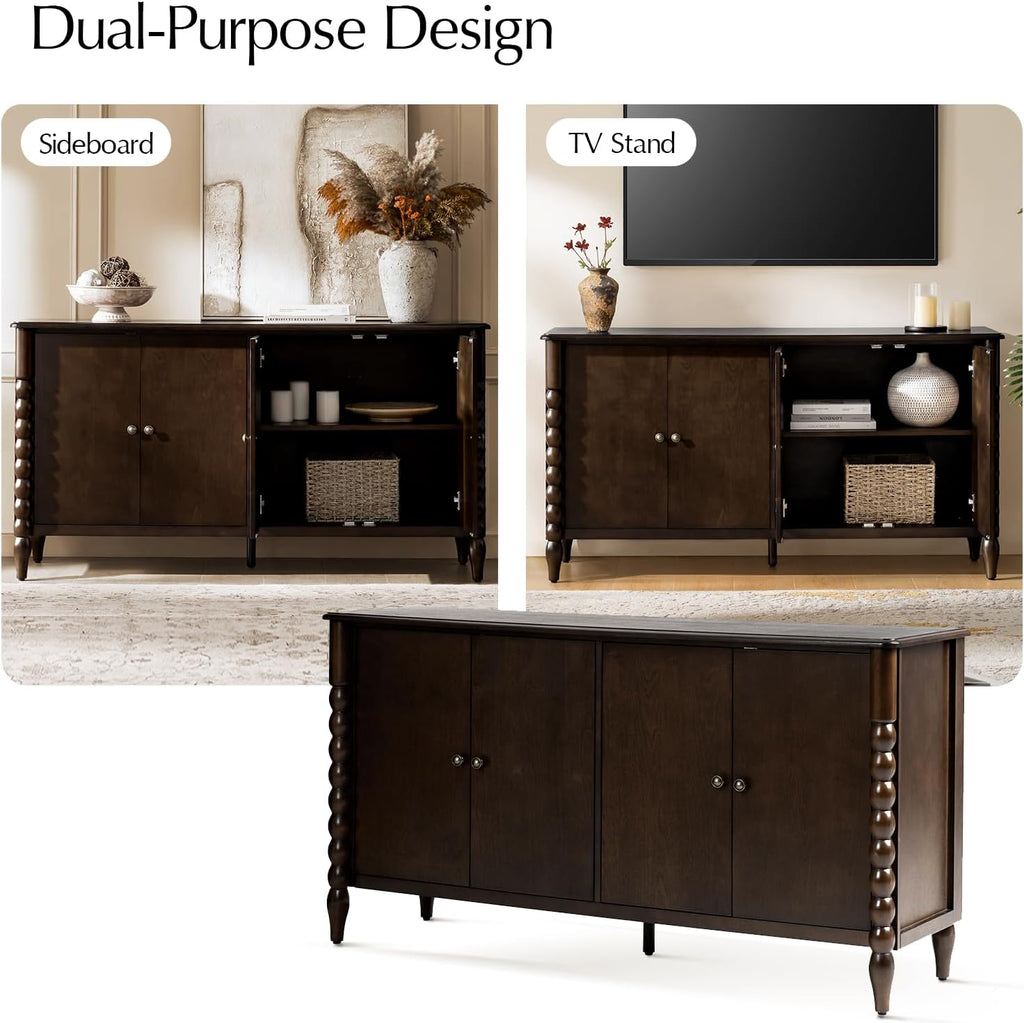 60" Sideboard Cabinet with Spindle Design, Transitional Storage Cabinet with 4 Doors, Adjustable Shelves