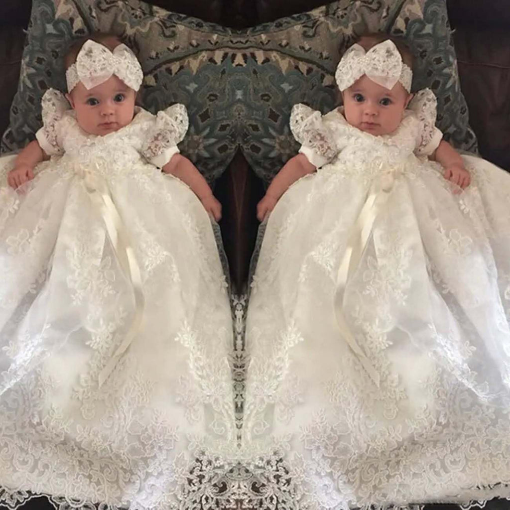Pretty headband lace long Christening Baptism Dress for baby girl