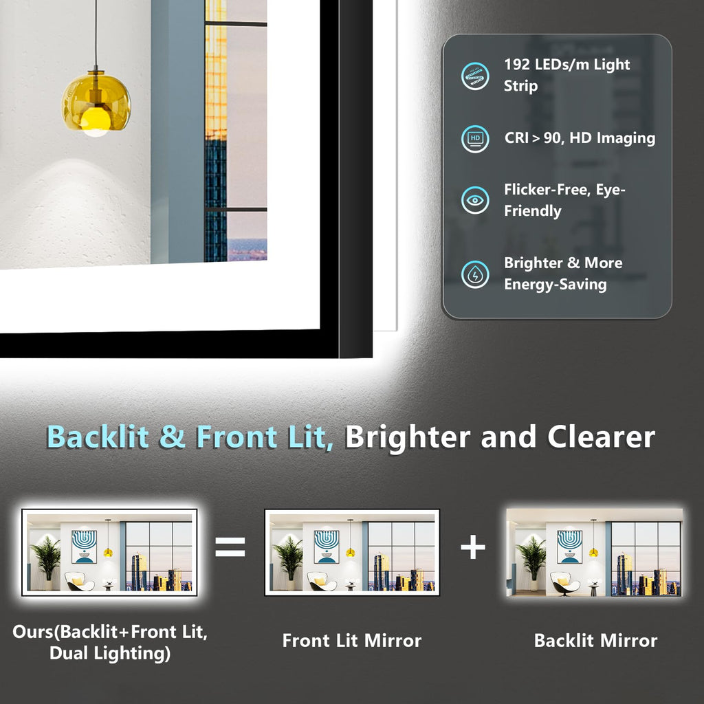 72x40 Black LED Bathroom Mirror, Backlit & Front Lit Lighted Mirror