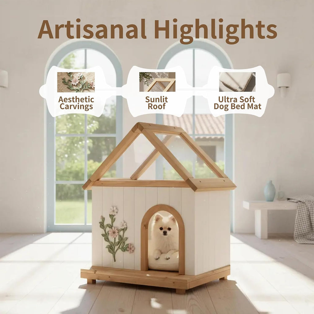 Indoor Dog House for Small Dogs, FSC Cedar Wood Dog House, Transparent Sunlit Roof, Handcrafted Flower Carvings