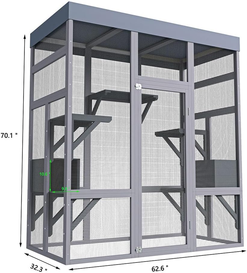 70 Inch Catio Outdoor Cat Enclosure, Large Wooden Cat House with Waterproof Fabric Roof, Solid Wood Frame and Metal