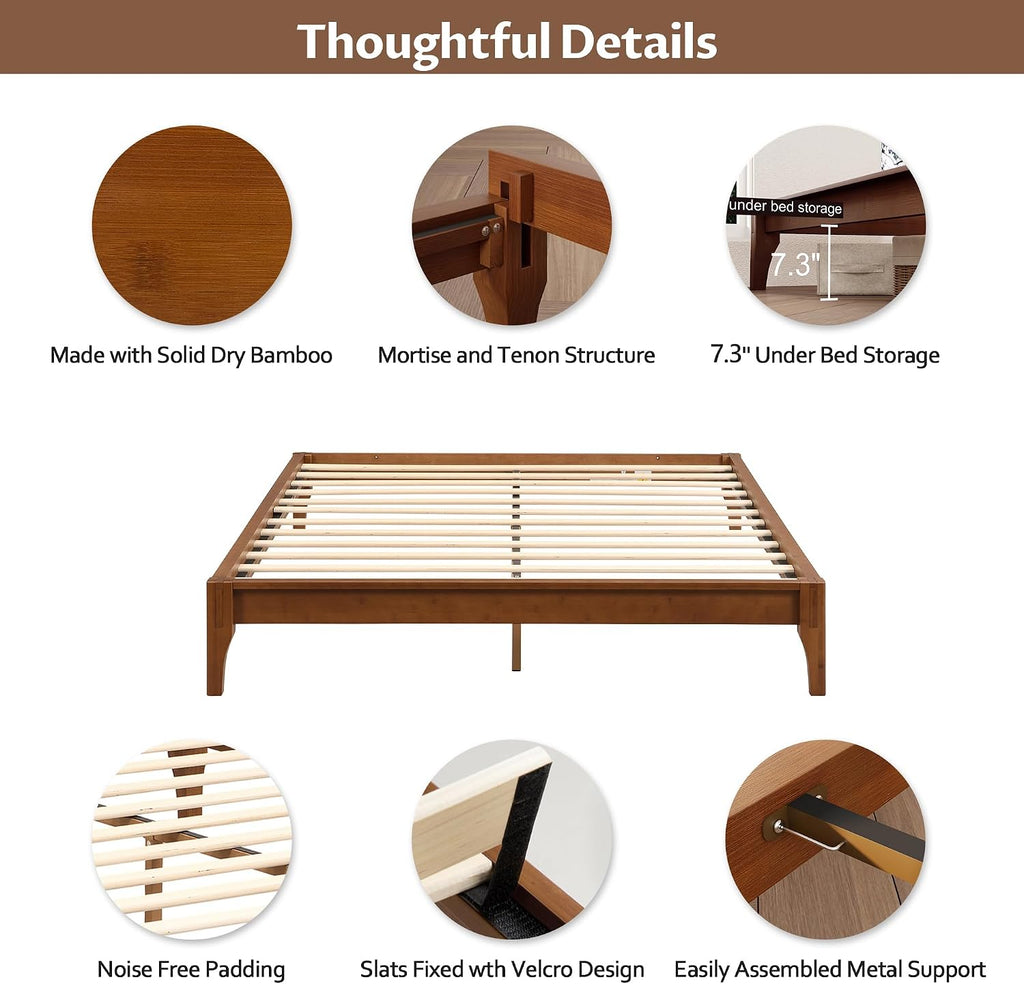 Modern Bamboo Japanese Joinery Queen Bed Frame, Tools Free, Brown