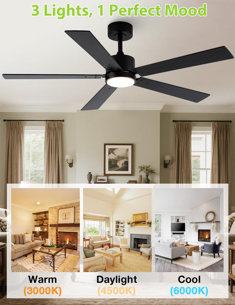 Black Ceiling Fans with Lights, 52 Inch Modern Ceiling Fan with Remote Outdoor Ceiling Fan, High CFM Ceiling Fans