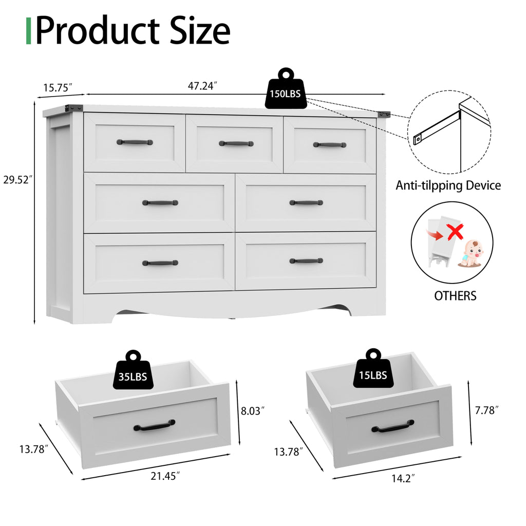 Dresser with 7 Drawers, 48" Wide Modern Chest of Drawers with Deep Drawers & Mental Handle, Wood Dresser TV Stand