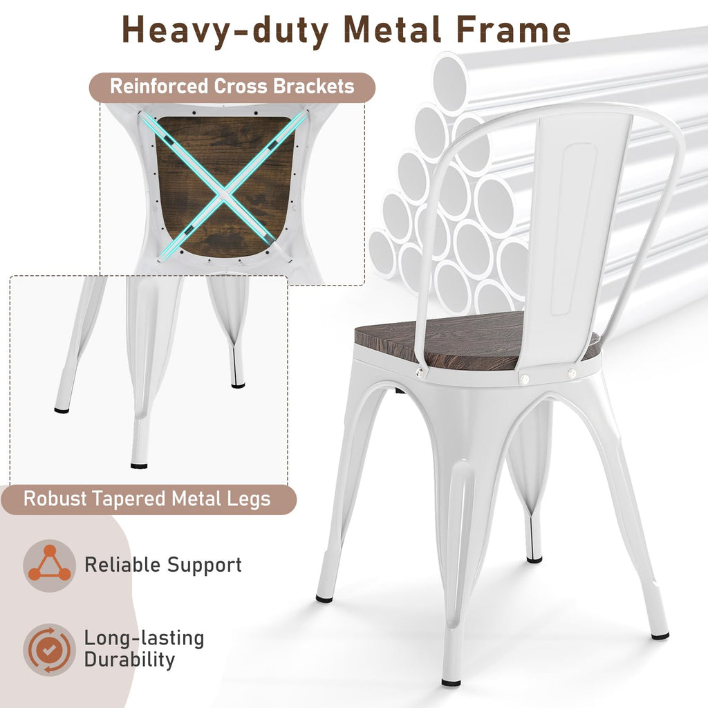 Stackable Metal Dining Chairs Set of 4 with Wood Seat and High Back