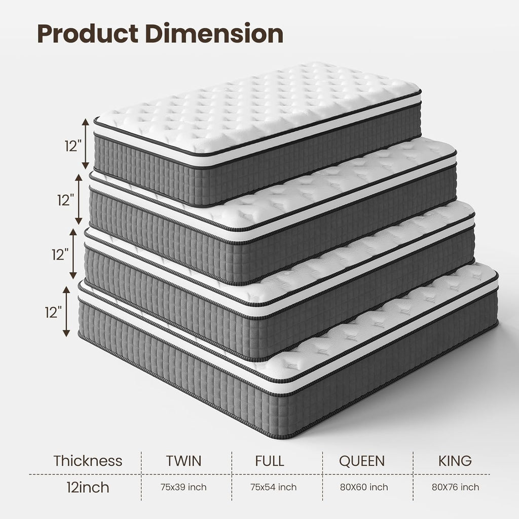 Sleep 12 Inch Queen Size Mattress, Hybrid Mattress in a Box, Cooling Gel Memory Foam and Individual Pocket Springs
