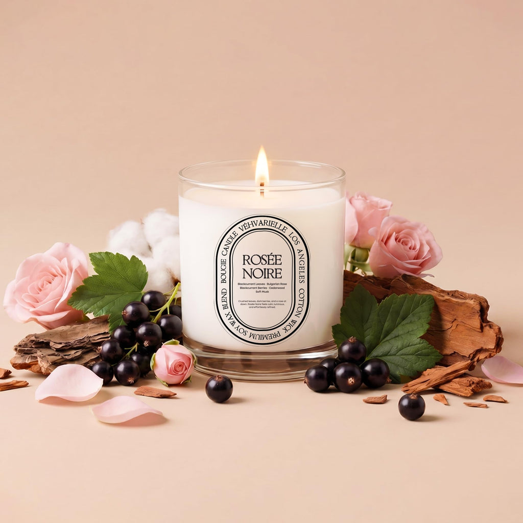 Rosée Noire Dark Rose & Blackcurrant Candle 8oz | Luxury Rose Scented Soy Jar Candle | Cedarwood & Musk | 40hr Clean