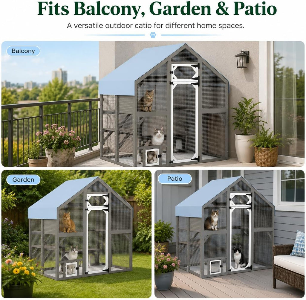 Large Outdoor Cat Enclosure 71" H Wooden Catio for Indoor & Outdoor Cats Walk-in Cat Patio with Multi-Level