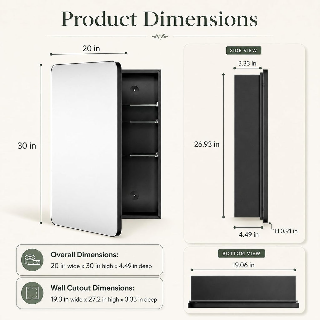 20x30 Black Medicine Cabinet with Mirror, Recessed & Surface Mount | Bathroom mirror with storage: 6 adjustable