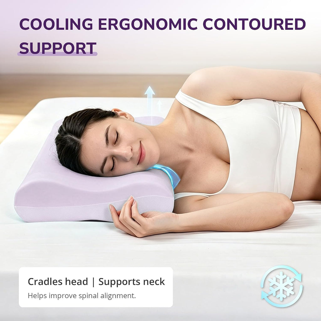 Cooling Gel Memory Foam Pillow, Contour Neck Support, Reversible | Ergonomic Pillow, Removable Washable Cover, For