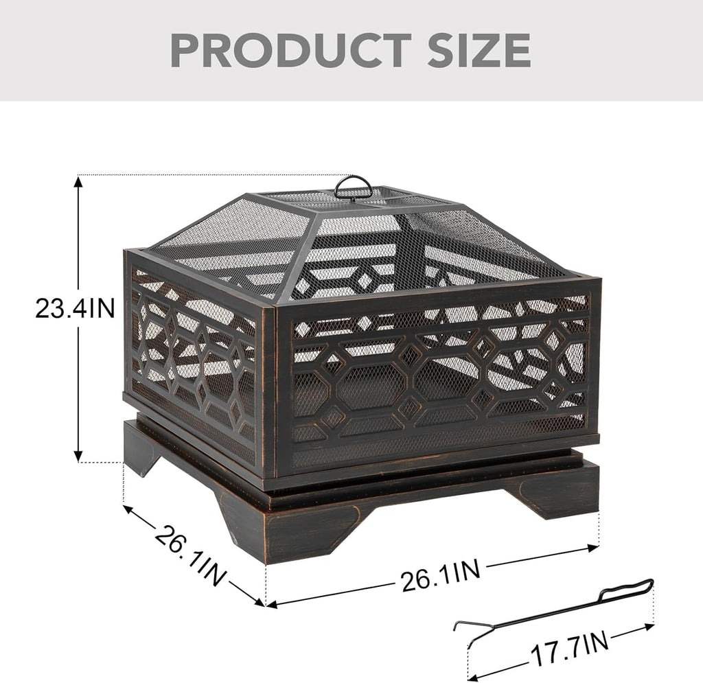 Outdoor Fire Pit, 26 Inch Wood Burning Firepit for Outside with Mesh Cover & Fire Poker, Large Square Metal Fireplace