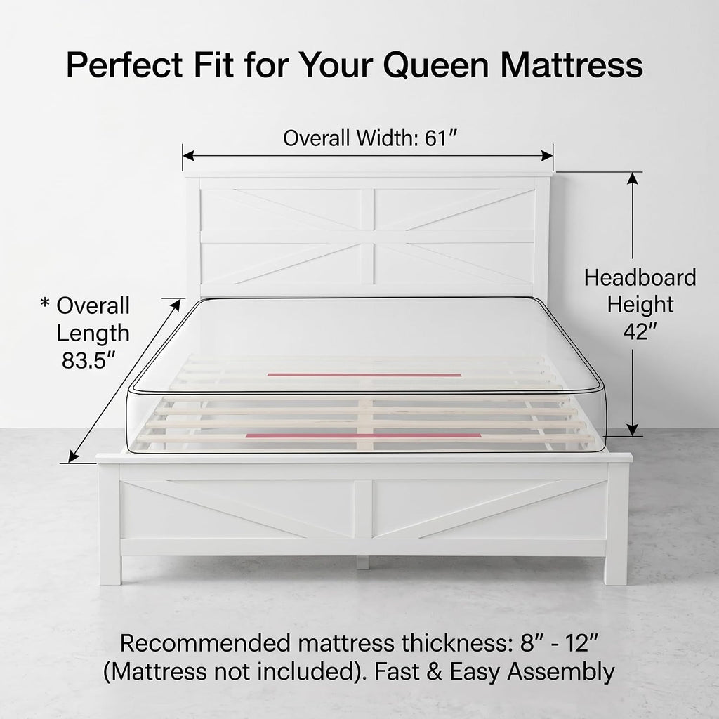 Farmhouse Queen Platform Bed Frame with Headboard and Footboard, Pinewood Bed Platform with Slat Support, No Box