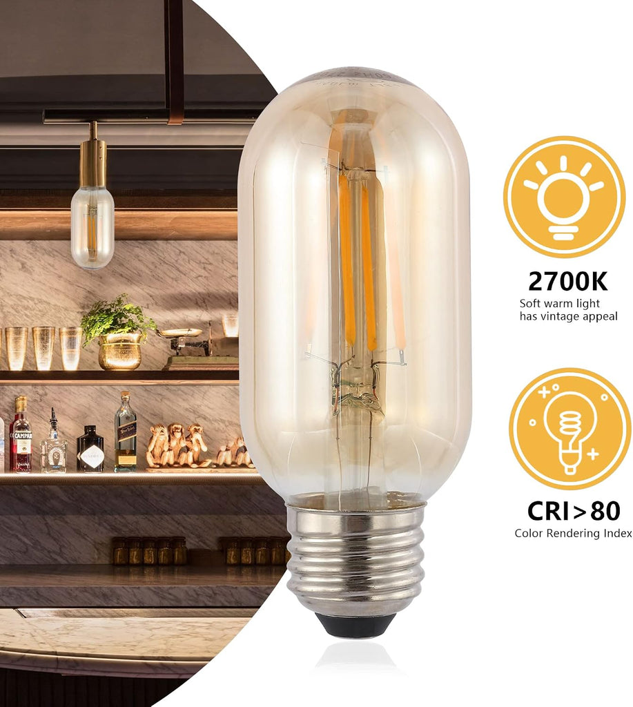 4W Vintage LED Edison Tube Light Bulbs 4.3", Amber, Pack of 6