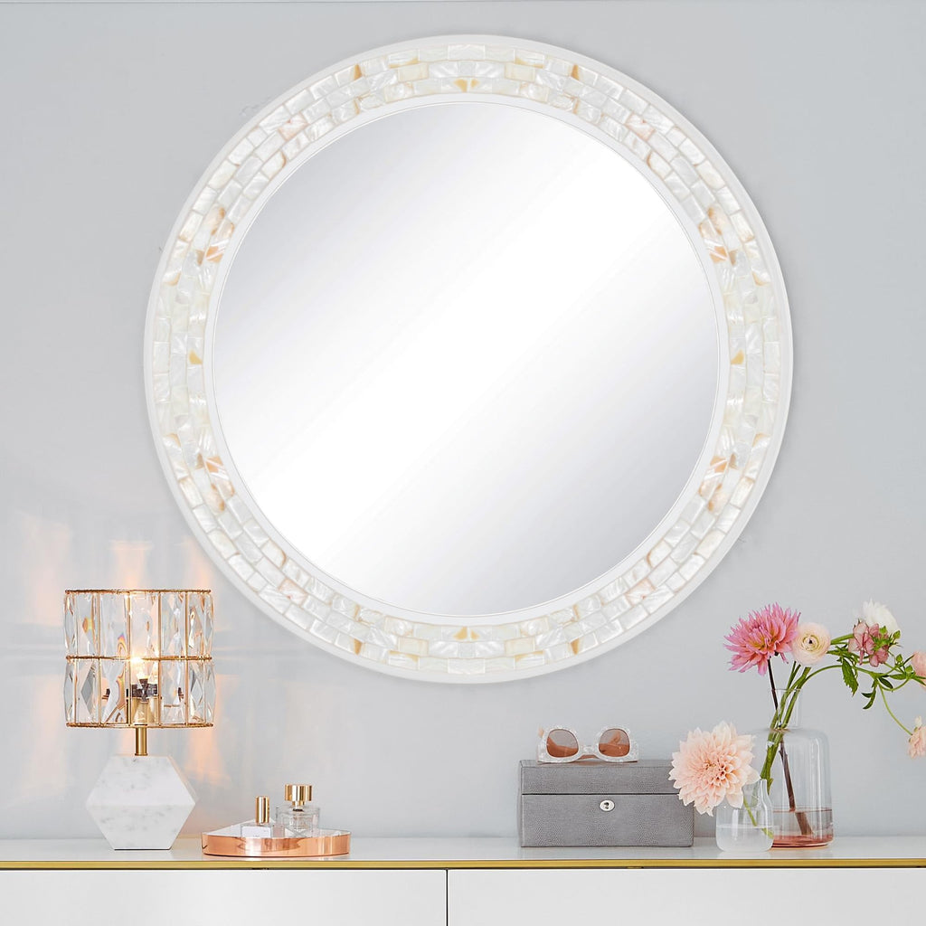 Round Bathroom Mirror 36 Inch, White Framed Mosaic Shell Mirrors