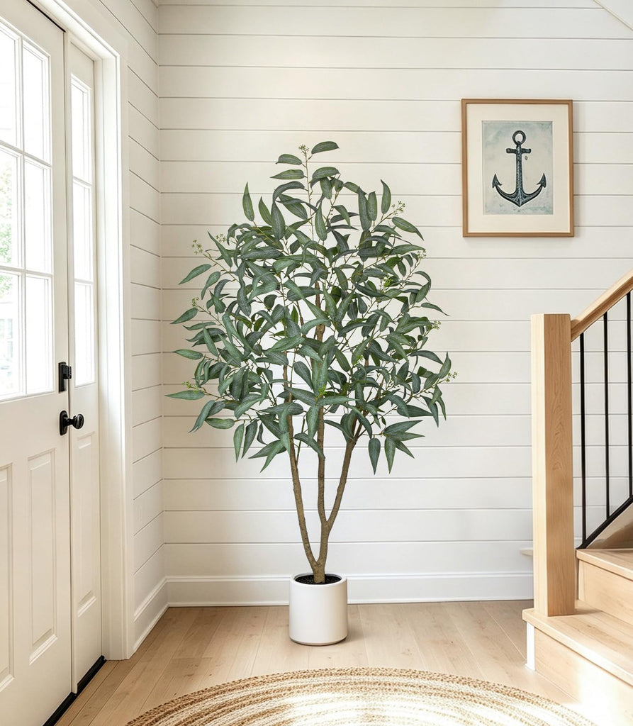 Eucalyptus Trees Artificial Indoor - 2PCS 5FT Tall Faux Eucalyptus Plants in White Planter, Fake Plant Décor for