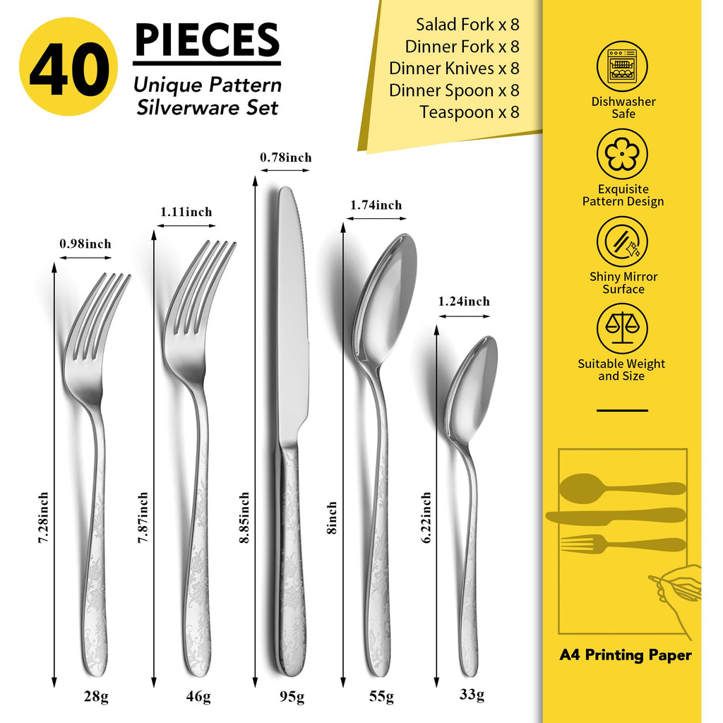 40 Piece Silverware Set, Service for 8, Premium Stainless Steel Cutlery Set, Mirror Polished Flatware Sets with