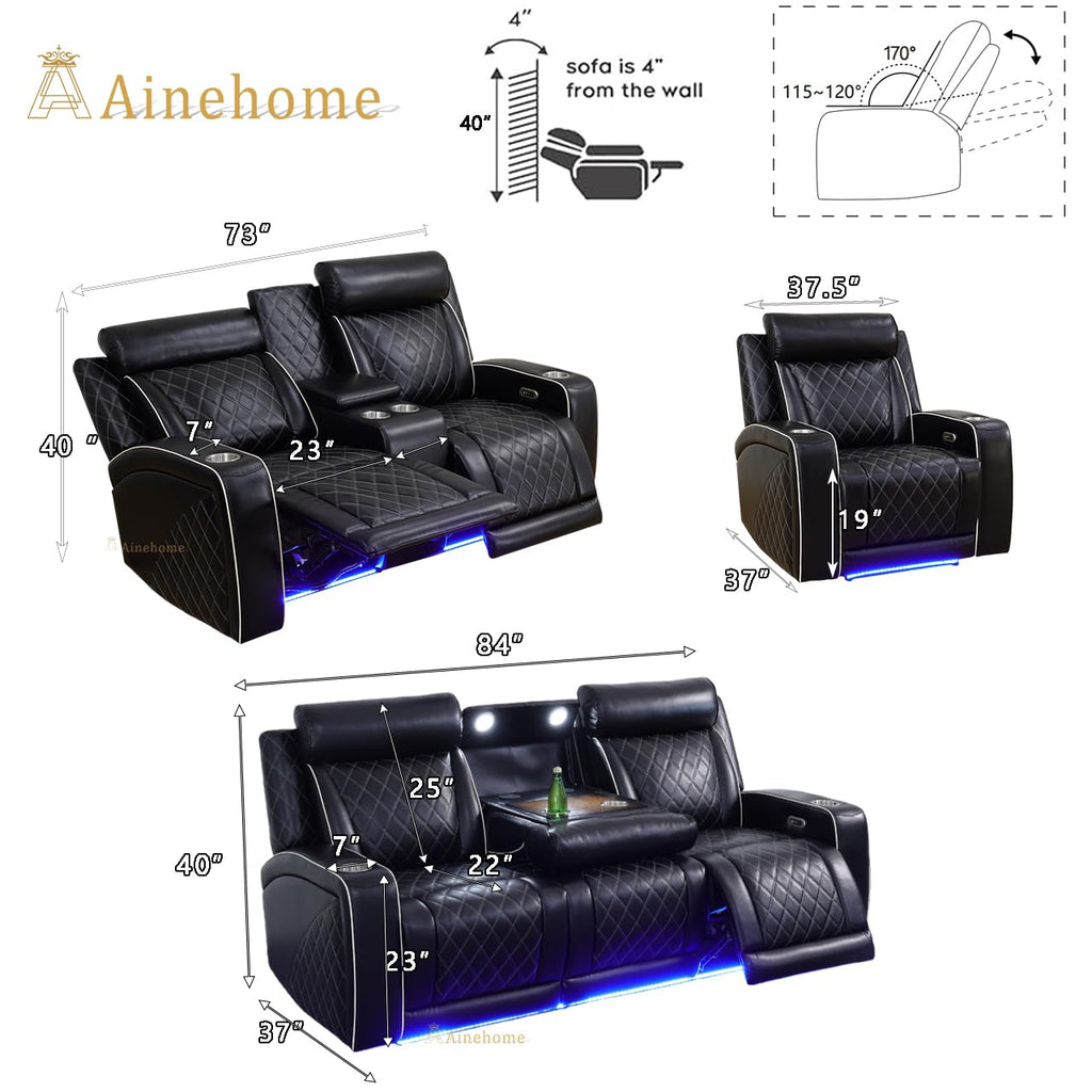 Power Leather Recliner Sofa Set with LED, Power Recliner Sofa Sectional Couches, Reclining Couch, loveseat, Chair