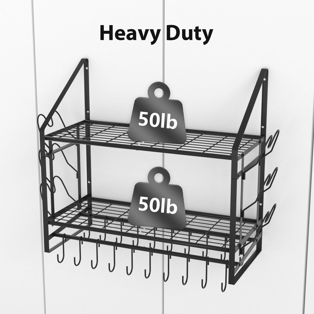 28 Inch Pot Rack Wall Mounted, 2 Tier Pots and Pans Organizer with 20 Hooks and 6 Pot Lid Holders, Heavy Duty Steel