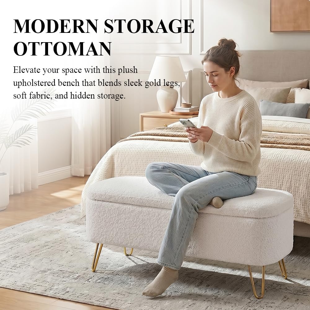 Modern Storage Ottoman Bench, Teddy Upholstered Entryway Bench with Gold Legs, Vintage End of Bed Bench with Safety
