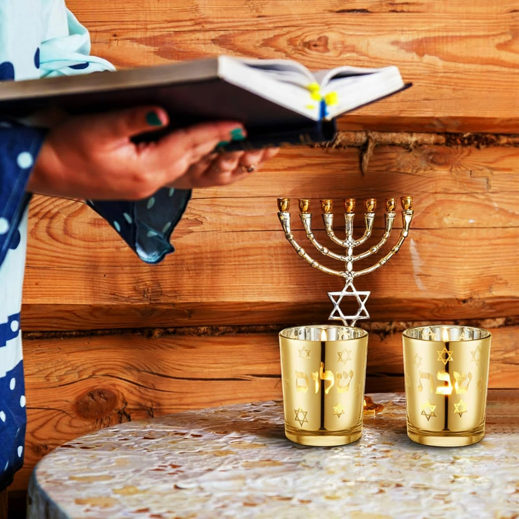Shabbat Candles Holders Gold Jewish Judaica Gift Set Electroplated Glass Modern Shabbat Candlestick Holders - Set of 2