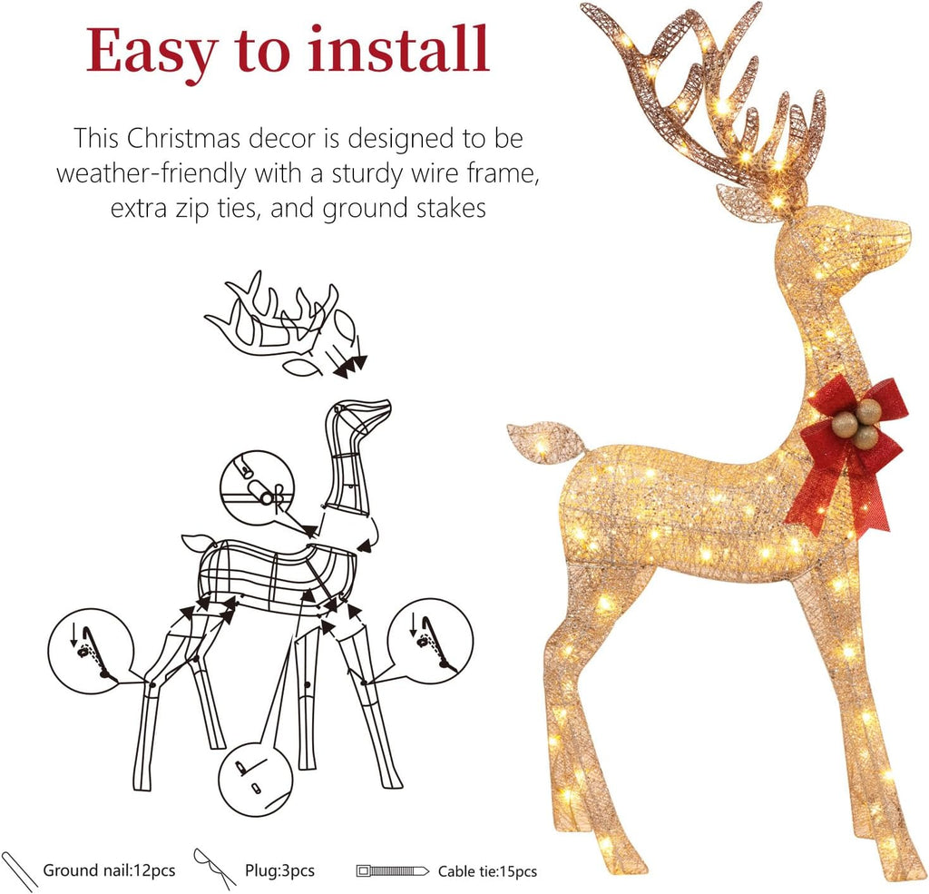3-Piece Lighted Christmas Deer Family - 4.5ft 3D Pre-Lit Reindeer Outdoor Decorations with 210 LED Lights