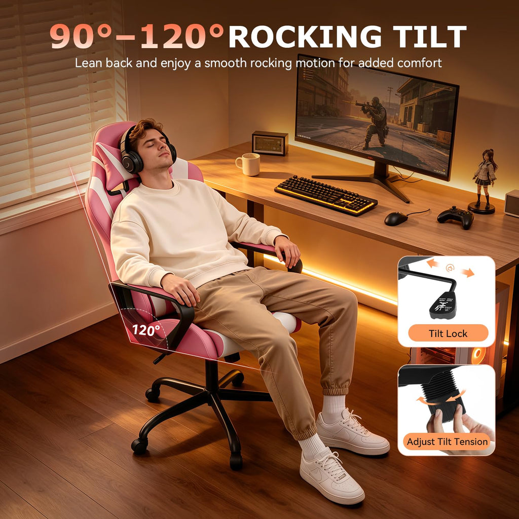Ergonomic Gaming Chair for Adults, Video Game Chair, Pink
