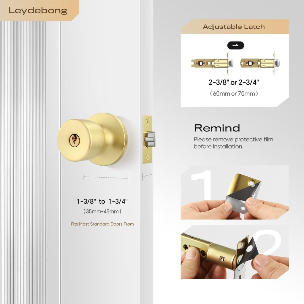 4 Pack Keyed-Alike Stainless Steel Door Knob Lock Gold Door Knobs with Keys, Adjustable 60-70mm Backset for 35-45mm