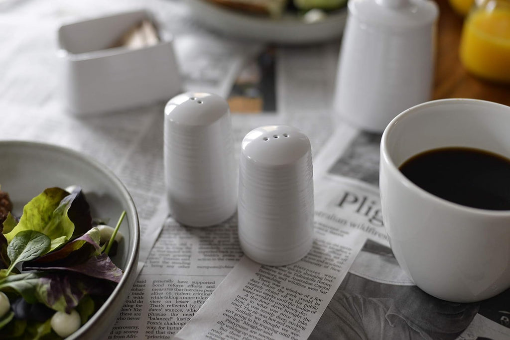 10413 Salt & Pepper Shaker Set, Pulito Collection, 1.25 oz, 2" Dia x 3.375" H, White Melamine with Textured Finish