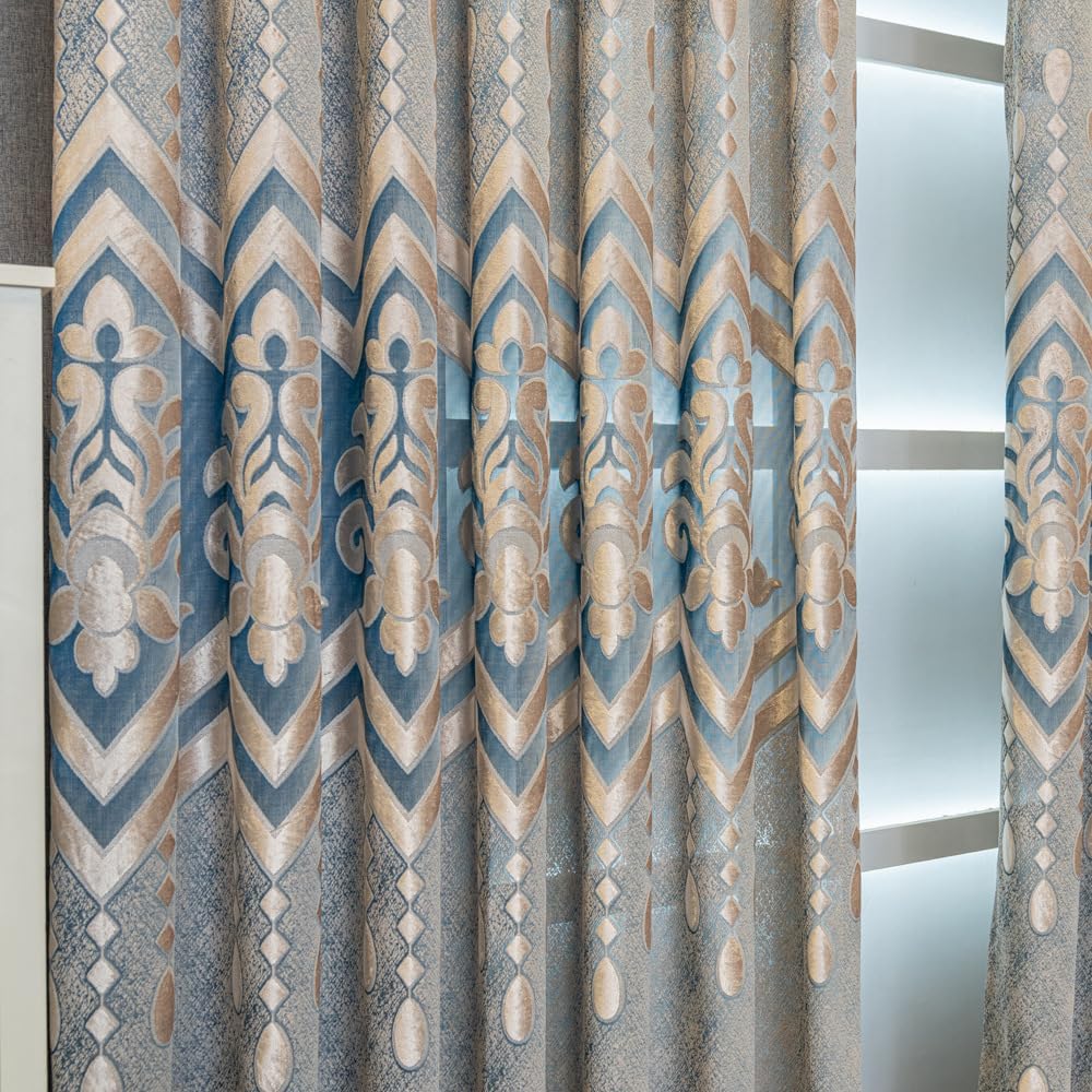 1 Pair European Semi-Sheer Curtains for Living Room Bedroom Embroidered Hollow Luxury Curtains (Blue,52x96 Inch)