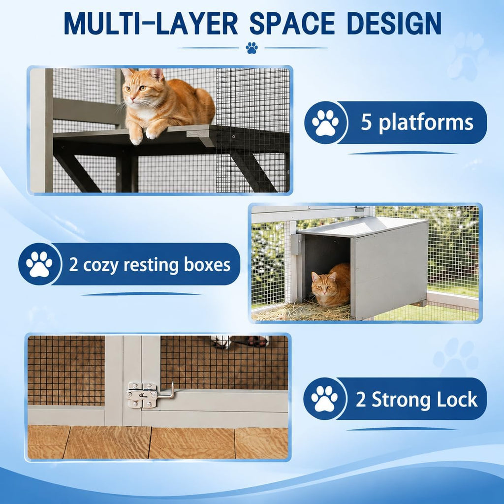 70" Large Catio Cat Enclosure, Wooden Patio Cat House, Gray