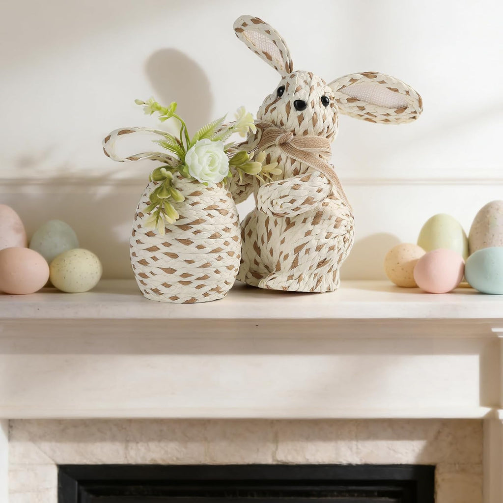 Handwoven Easter Decor, Rattan Bunny with Fixed Floral Egg Ornament, Farmhouse Spring Woven Decor - Set of 2