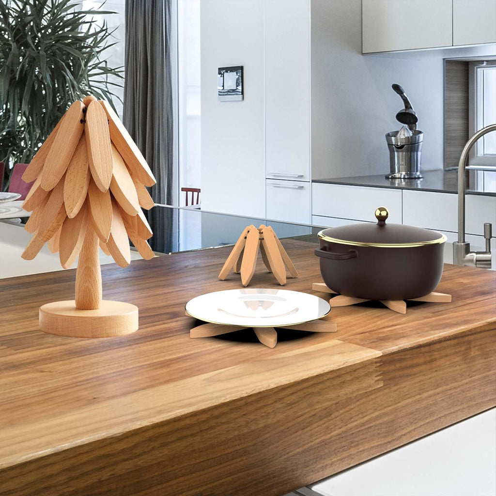 Wooden Trivets for Hot Dishes,Tree Shape Trivet Set, 4 Wooden Trivets+1 Stand, Natural Foldable Kitchen Wooden Trivet