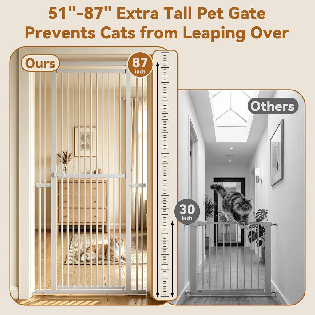 51"-87" Extra Tall Cat Gate for Doorways, Fits 29.2"-40.2" Wide