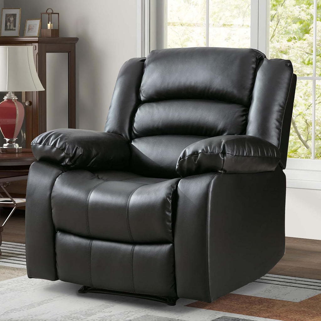 Traditional Recliner Chair, Breathable PU Leather, Extra Wide Manual Recliner with Overstuffed Arm and Back, Single