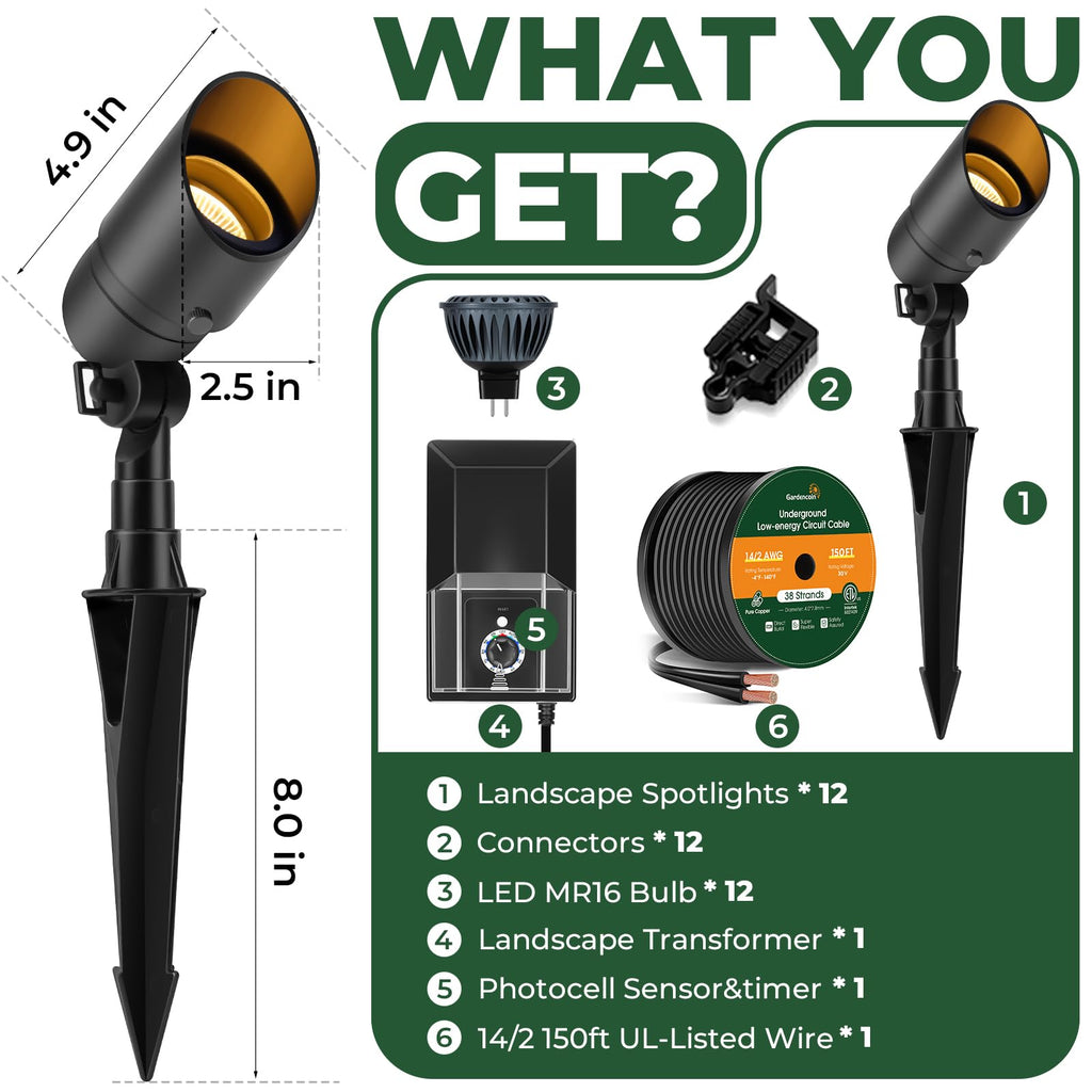 Complete Low Voltage Landscape Lighting Kit, 12-Pack 5W Spotlights with Smart Fastlock Connectors, 200W Transformer &