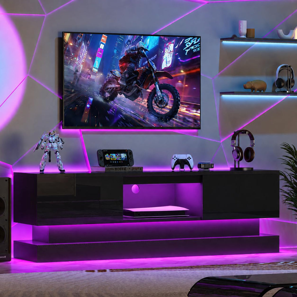 Modern Double-Layer TV Stands with Multi-Color LED Lights & Storage Drawers - High Gloss TV Entertainment Center