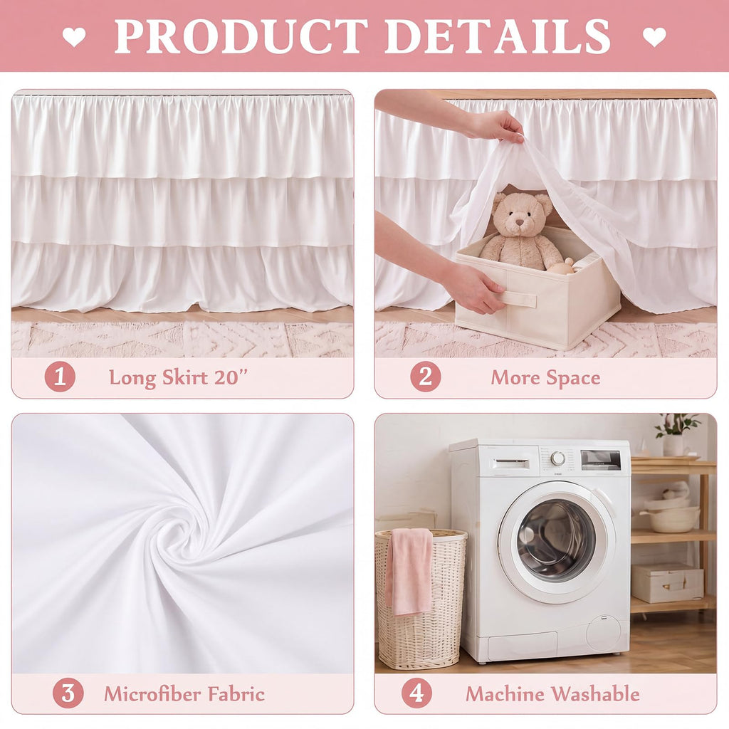 Extra Long White Ruffled Crib Skirt with 8 Pcs Cot Bow